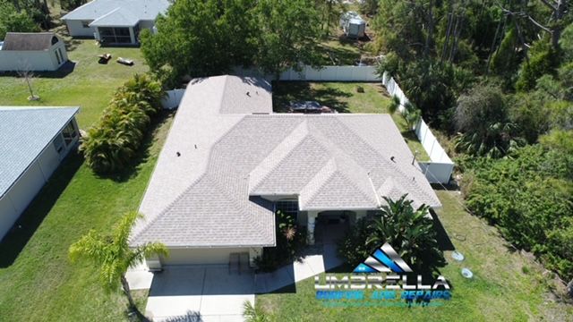 An aerial view of a house with a new roof