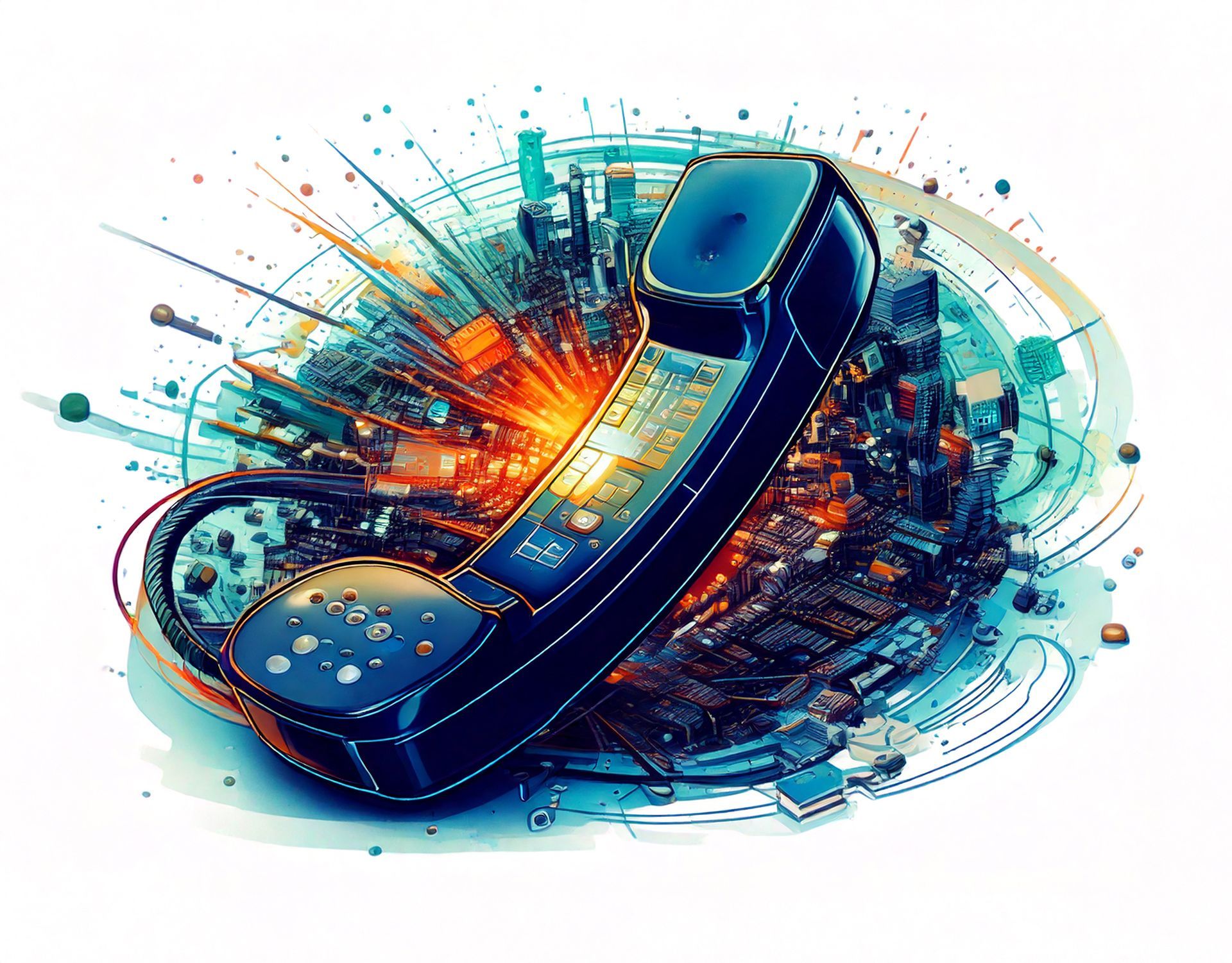 An illustration of a telephone with a city in the background.