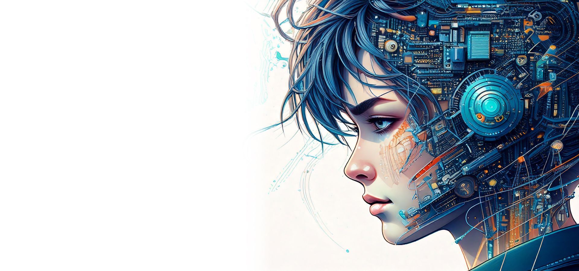 A painting of a woman with a futuristic helmet on her head.