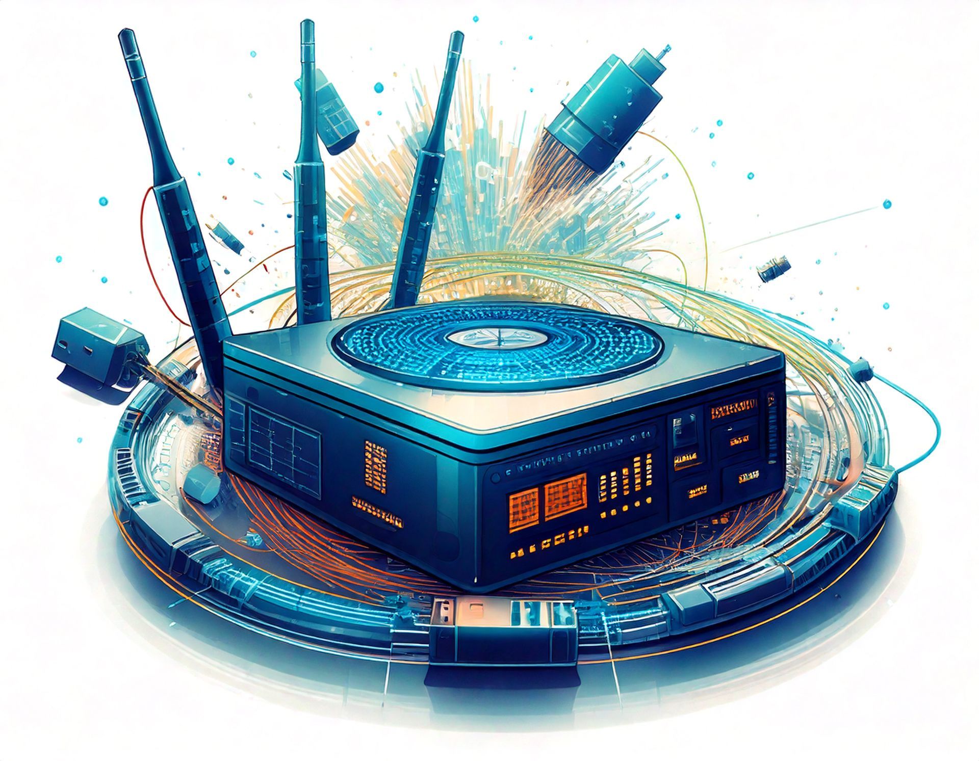 A router is sitting on top of a futuristic circular object.