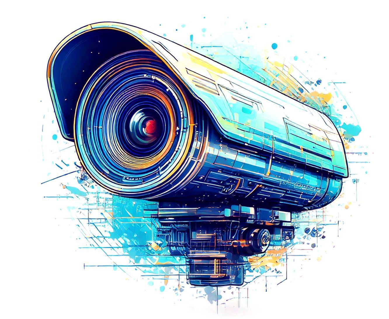 A colorful drawing of a security camera on a white background.