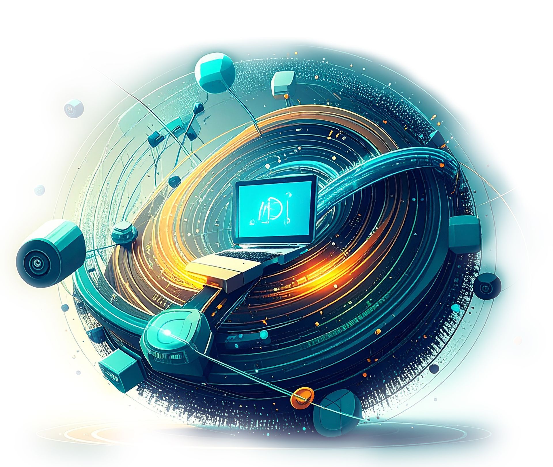 A laptop computer is surrounded by a swirl of objects.
