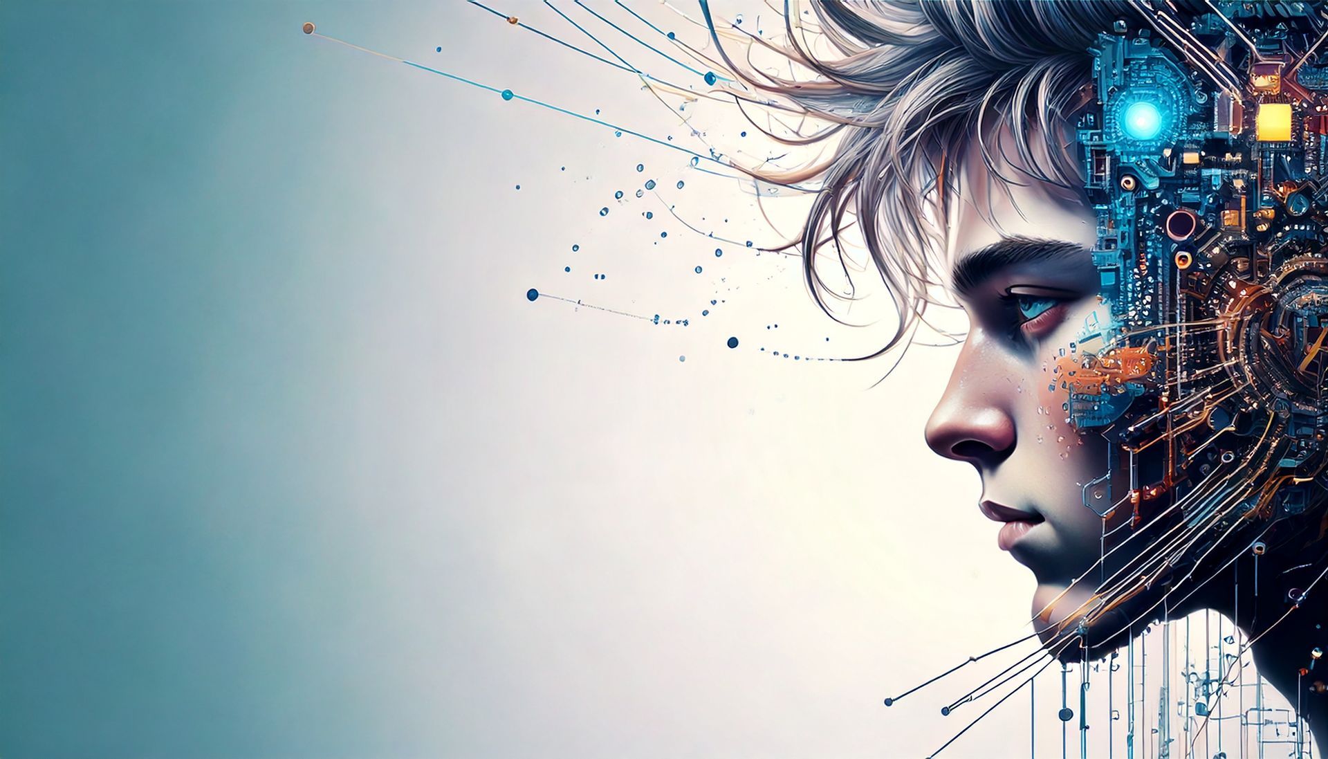 It is a painting of a man with a robotic face.