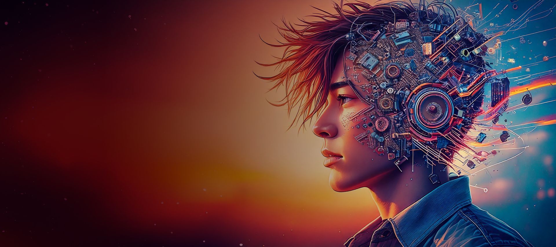A man with a robotic head made of gears.