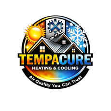 Logo for Tempacure Heating & Air Conditioning, featuring a red-and-blue thermometer icon and website URL.