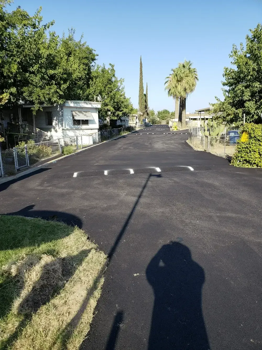 A shadow of a person is cast on the road