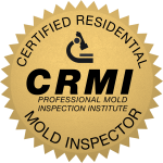 Gold seal: Certified Residential Mold Inspector, with a microscope icon and 