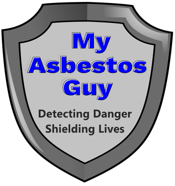 Logo: Shield with "My Asbestos Guy" in blue text, "Detecting Danger, Shielding Lives" below. Gray and white colors.