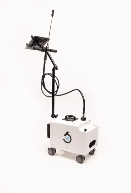 White cart with tablet mount, antenna, and flexible tube.