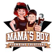 Logo: cartoon of a smiling woman and boy holding a wrench, "MAMA'S BOY PLUMBING SOLUTIONS" text.