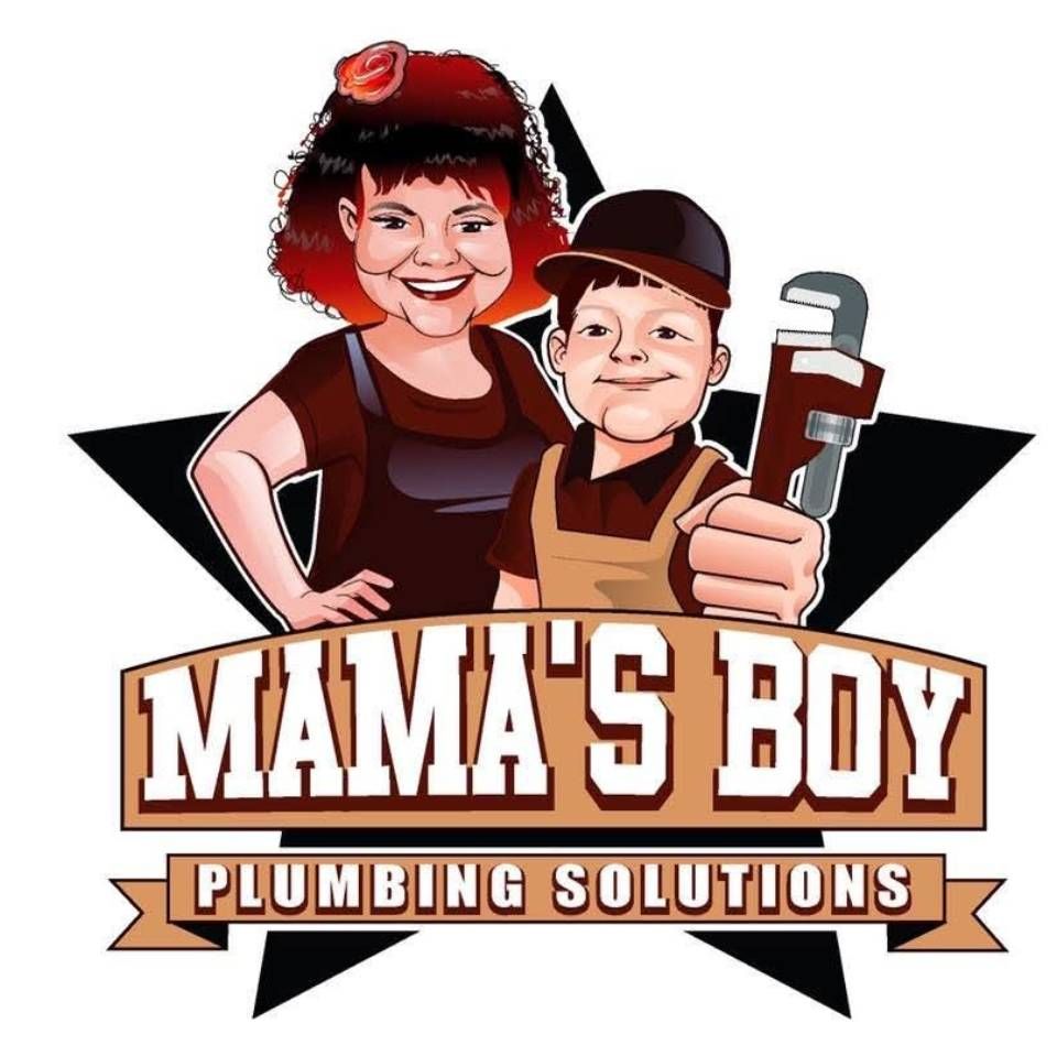 Logo: cartoon of a smiling woman and boy holding a wrench, "MAMA'S BOY PLUMBING SOLUTIONS" text.