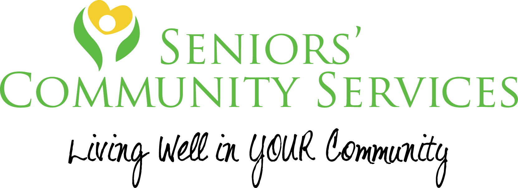 The logo for seniors community services is green and yellow and says `` living well in your community ''.