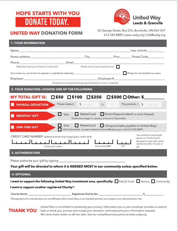 A united way donation form for local love local impact