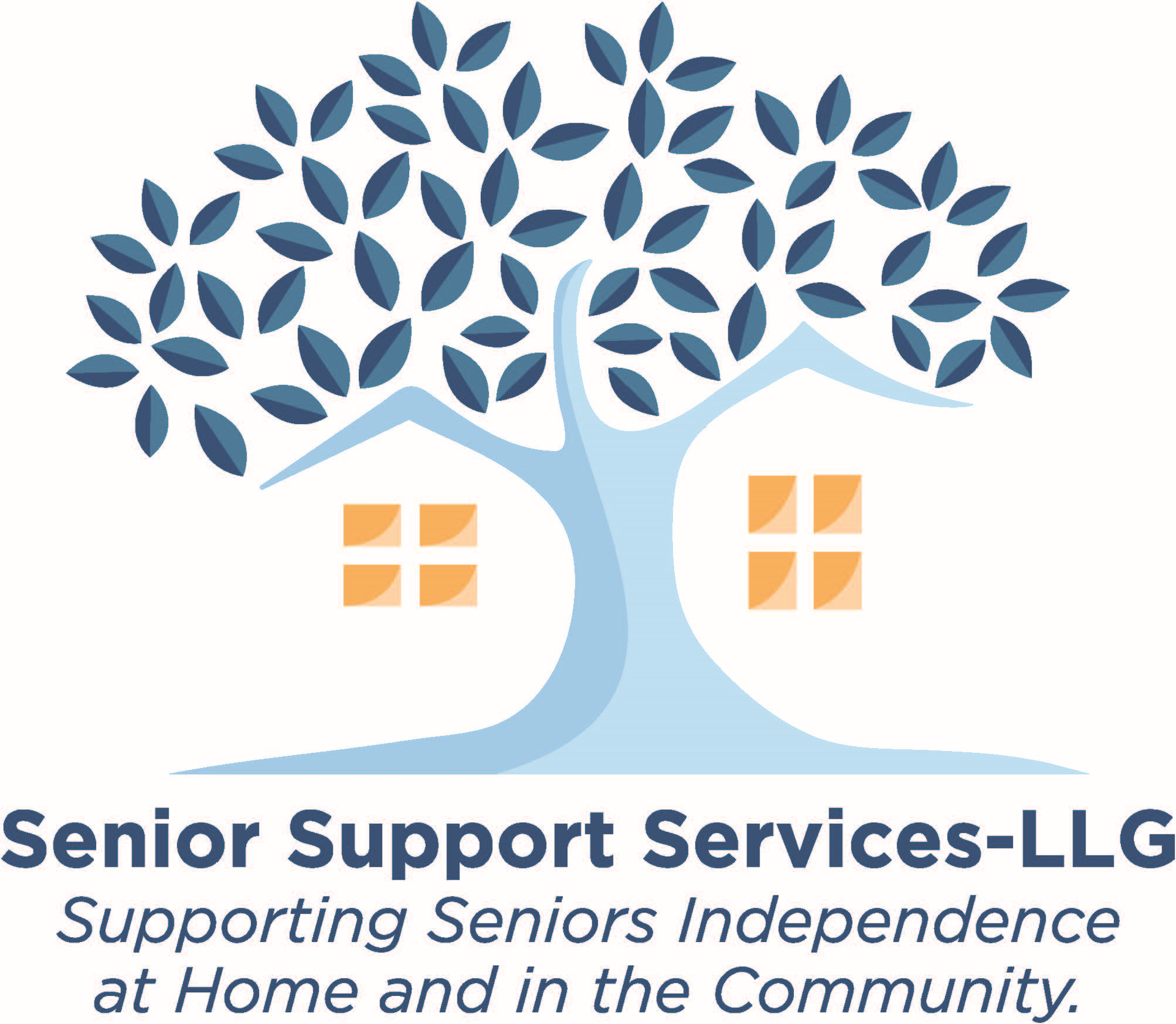 A logo for senior support services with a tree and a house