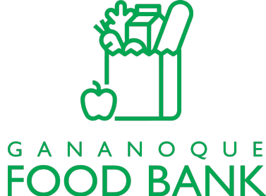A logo for a food bank with a bag of food and an apple.