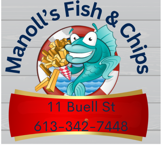 A logo for manoll 's fish and chips with a fish and french fries