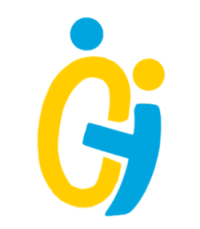 A yellow and blue g and j logo on a white background