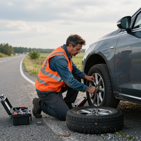 Mechanic in orange vest changing a car tire on the roadside, with tools nearby