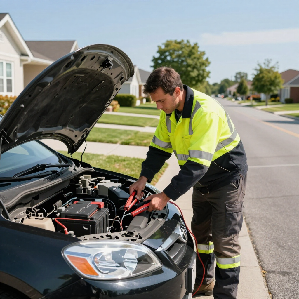 A roadside assistance technician in a high-visibility jacket jump-starts a car battery on a residential street,