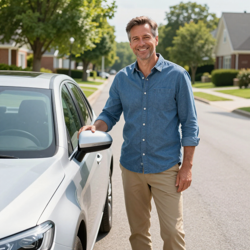 A smiling person stands on a residential street next to a silver car, wearing a blue button-down shirt and tan pants.