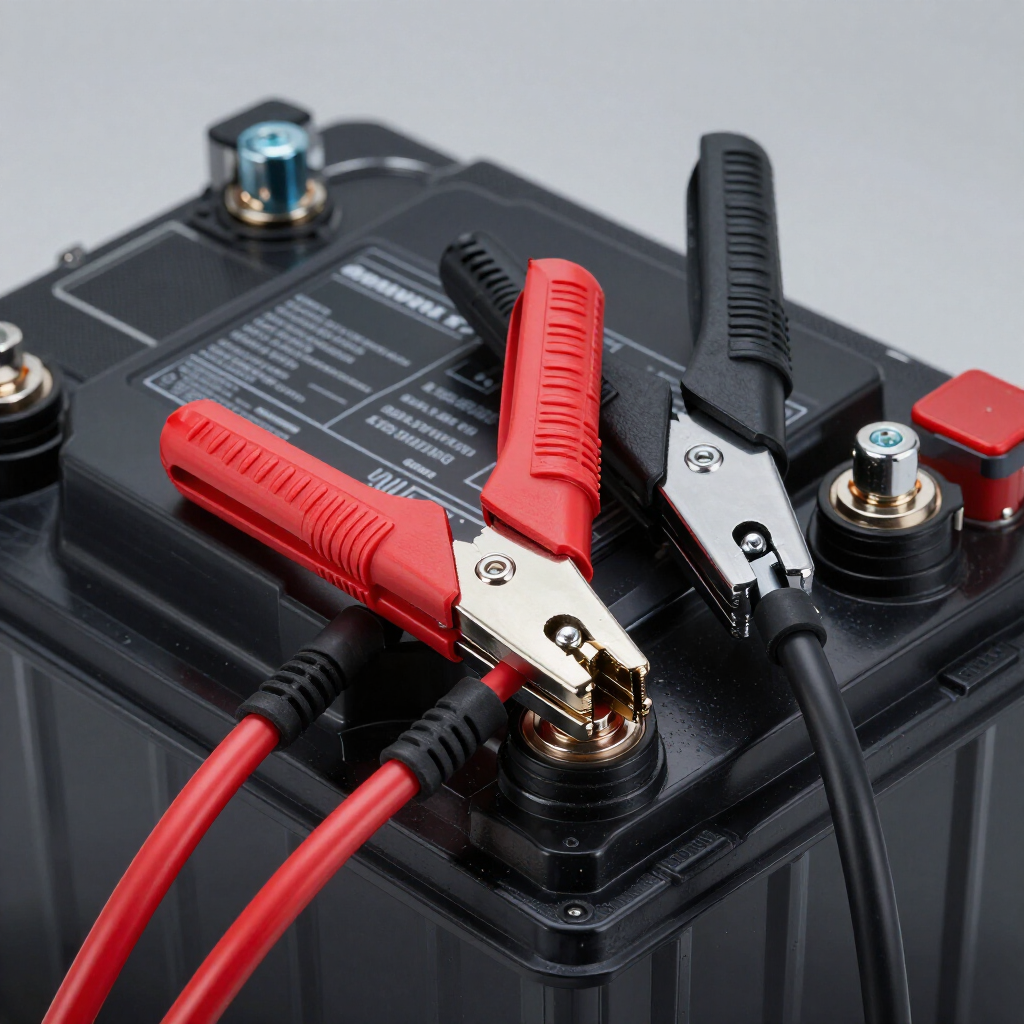 Red and black jumper cables connected to a black car battery.