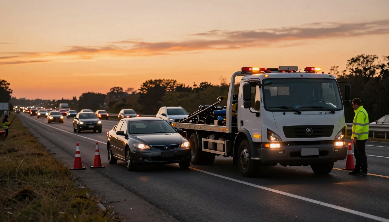 Tow truck and worker directing traffic on highway shoulder at sunset, with cones and passing cars.