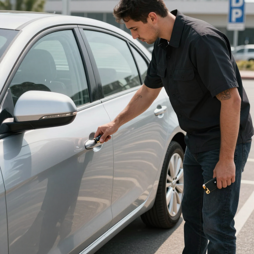 Man unlocking a silver car door in a parking lot