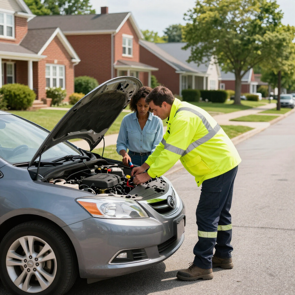 A mechanic in a high-visibility yellow jacket inspects the engine of a gray car with its hood open on a residential street.