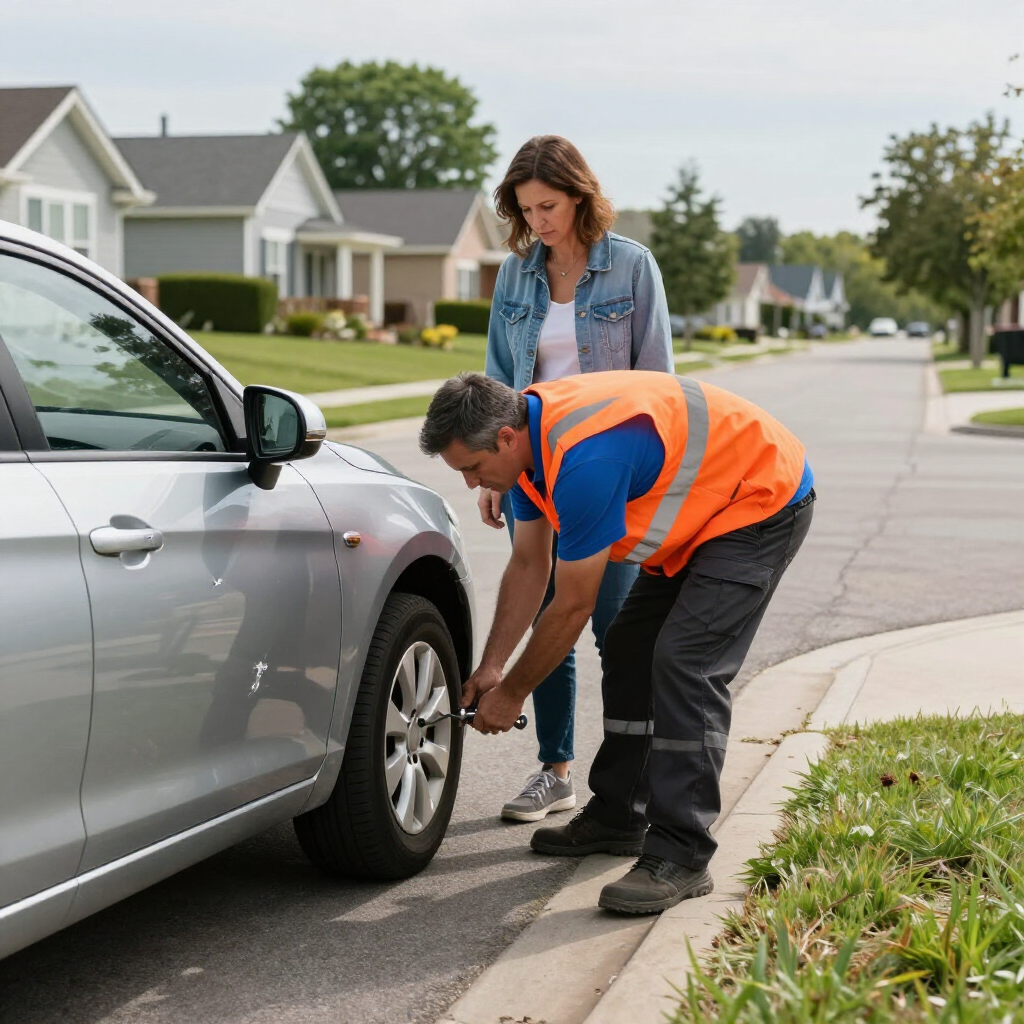 A roadside assistance worker in an orange safety vest changes a flat tire on a silver car while a person watches nearby.