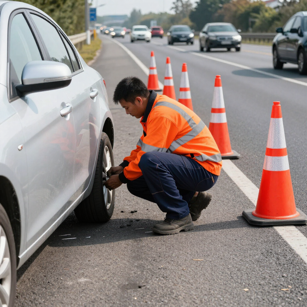 A person in high-visibility orange workwear squats to change a tire on a silver car beside orange traffic cones on a road.