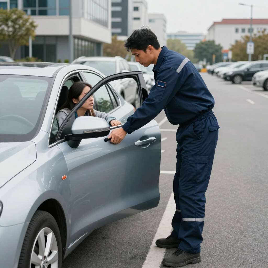 A parking attendant in a blue uniform interacts with a driver in a silver car parked on an outdoor lot.