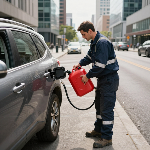 A worker in a dark uniform pours fuel from a red gas can into the side of a parked gray SUV on a city street.