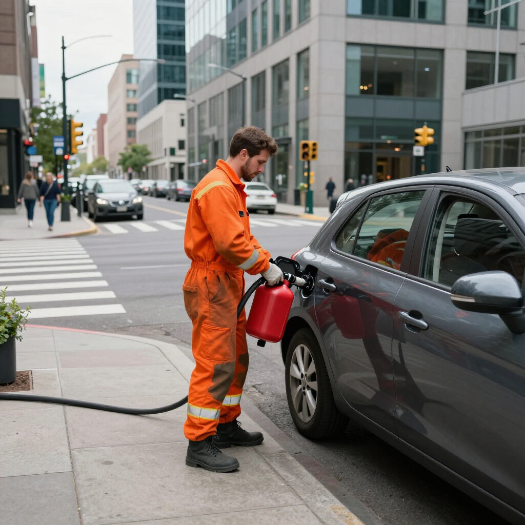 A roadside assistance technician delivers fuel to a grey car using a red gas can on a city street corner, providing emergency