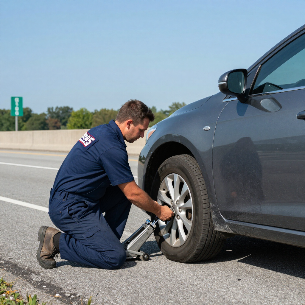 A service technician in a blue uniform kneeling by a roadside to change a flat tire on a gray car.