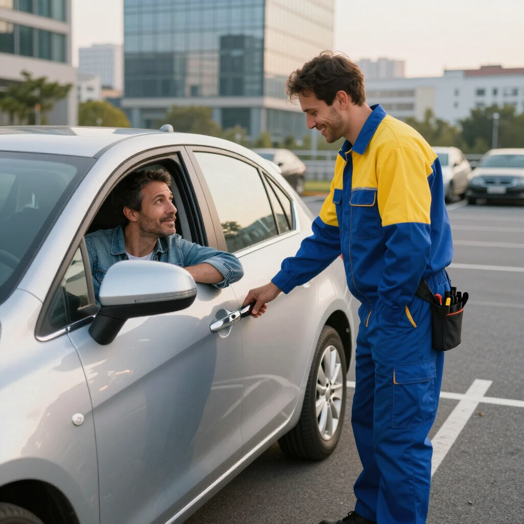 A mechanic in a blue and yellow uniform talks to a smiling driver through the open window of a silver car in a parking lot.