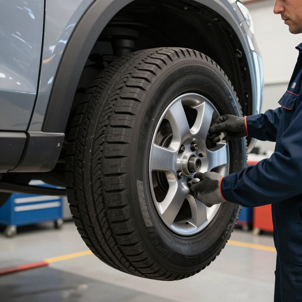Mechanic tightening lug nuts on a silver SUV tire in a garage