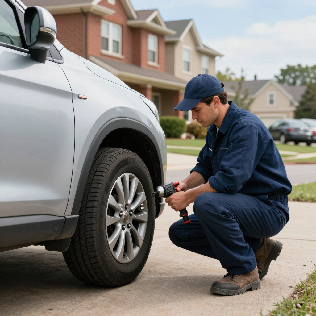 Mechanic kneeling by a silver SUV, tightening a tire lug nut in a suburban driveway.