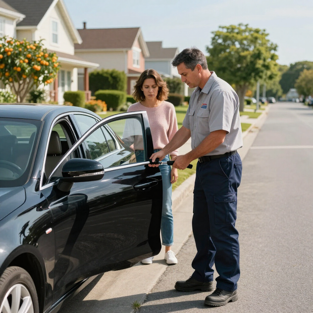 A roadside assistance technician uses a tool to unlock a black car for a customer on a residential street.