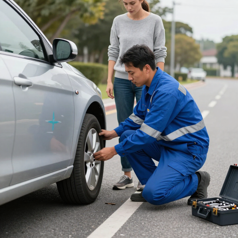 Mechanic kneels by silver car, checking a flat tire beside a roadside tool kit.