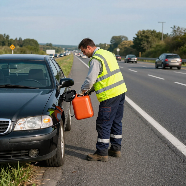 A person in a high-visibility vest uses an orange gas can to refuel a black car parked on the shoulder of a busy highway.