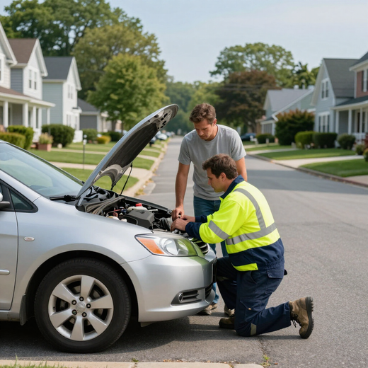 A service worker in a neon yellow safety jacket kneels to repair a car engine as another person watches in a residential area