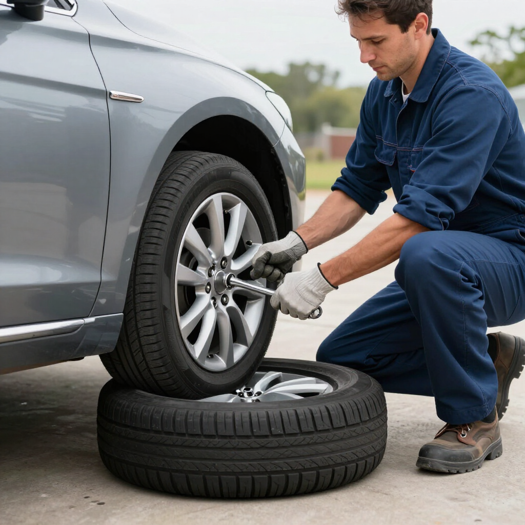 Mechanic kneeling beside a gray car, tightening a lug nut with a tire on the ground.