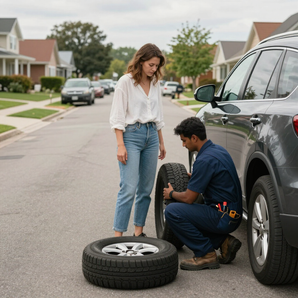 A mechanic in a blue uniform kneels to change a tire on a gray SUV as a person looks on, parked on a suburban street.