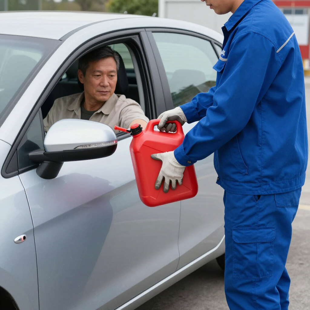 A service worker in a blue uniform hands a red fuel container to a driver sitting in a silver car.