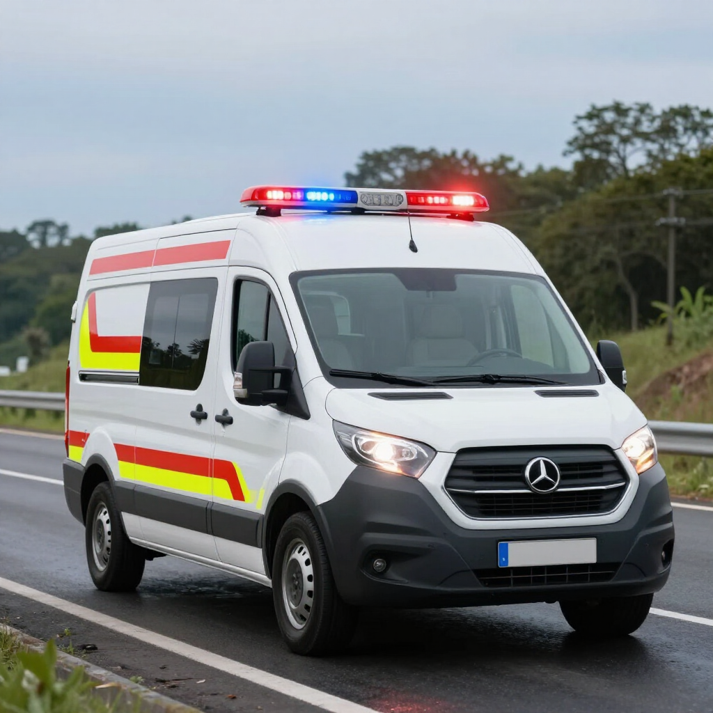 White Mercedes ambulance with flashing lights driving on a road