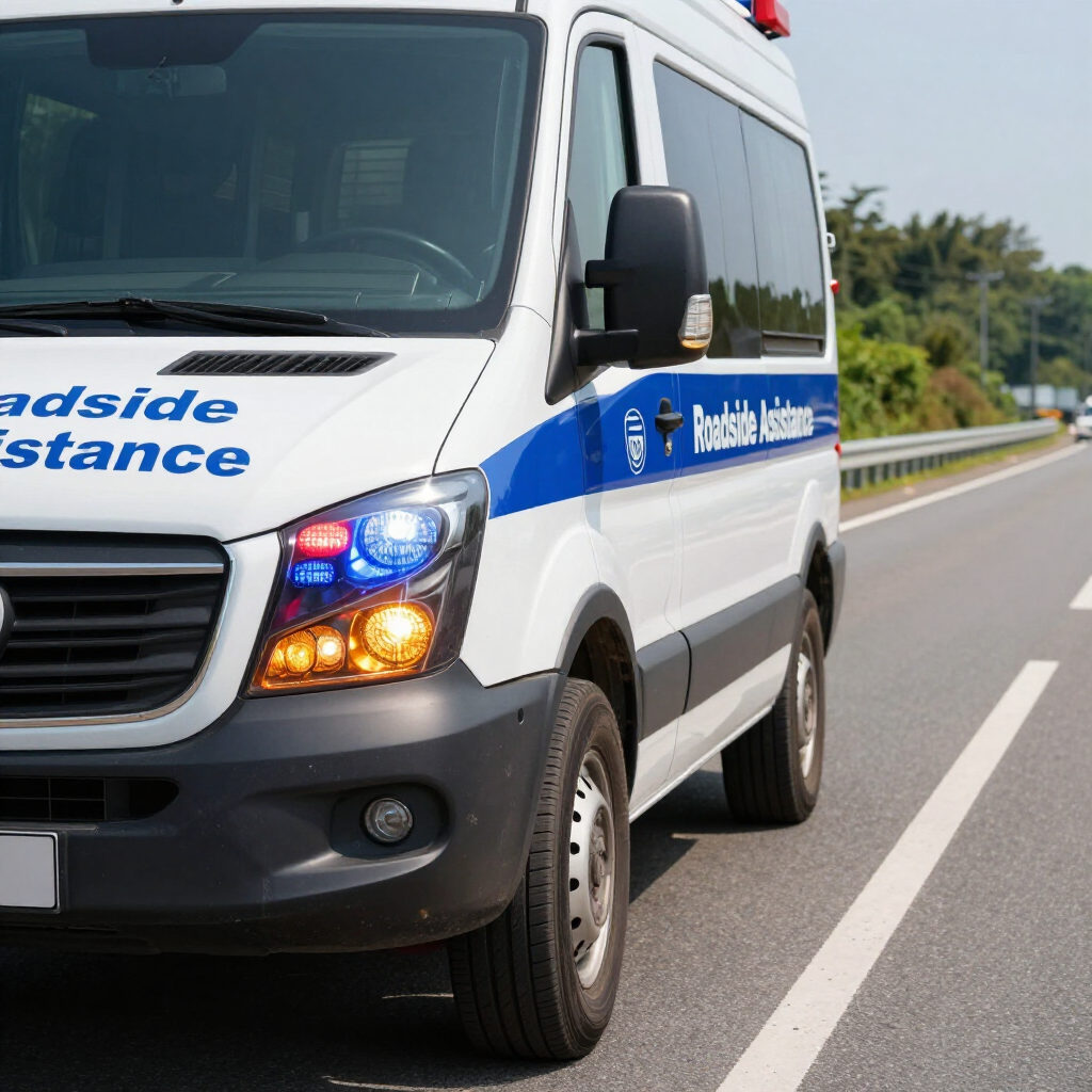 A white Roadside Assistance van with blue markings drives on a highway, its headlights and emergency lights illuminated.