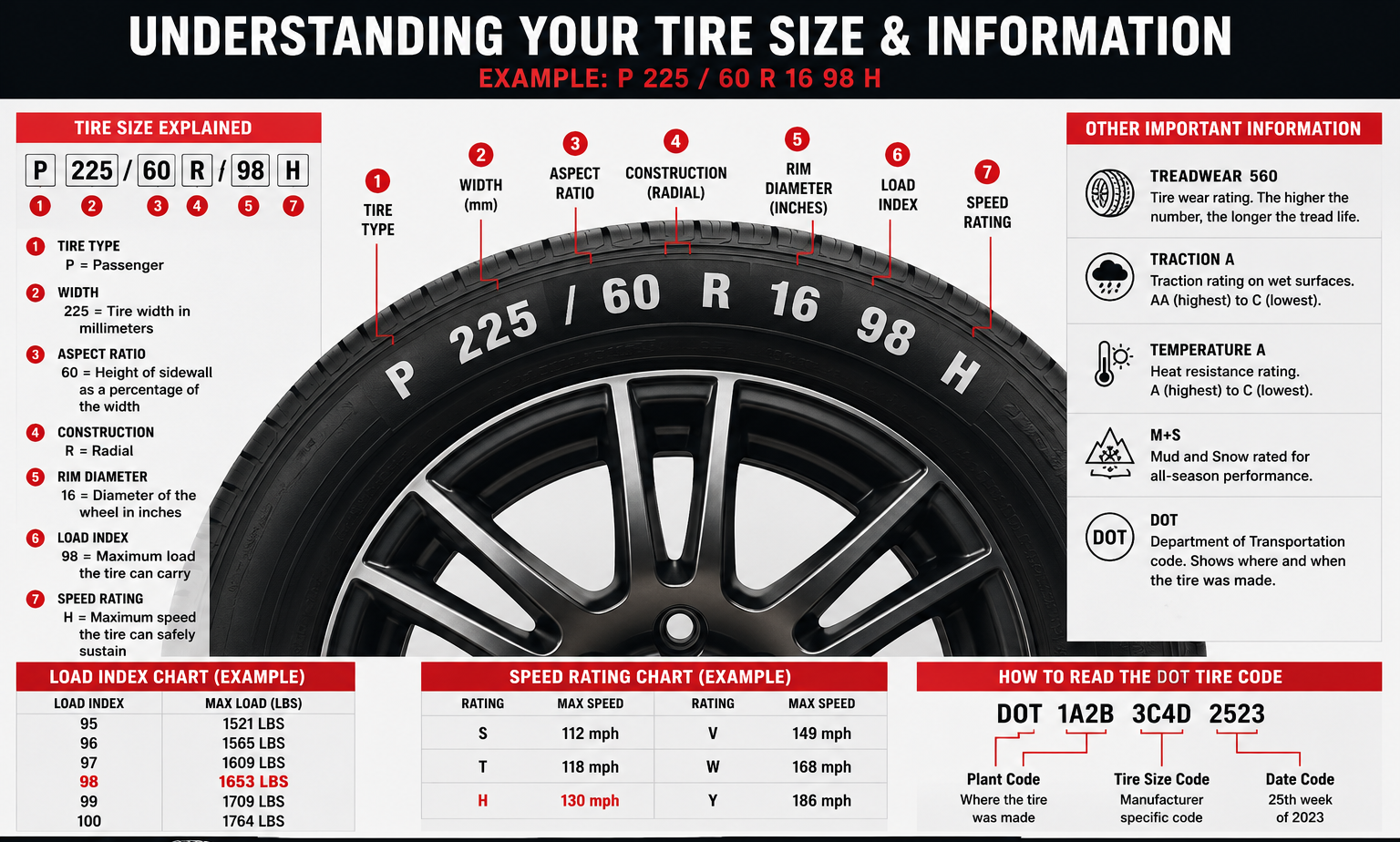 Infographic explaining tire size numbers and symbols on a car tire, with labels and diagrams.