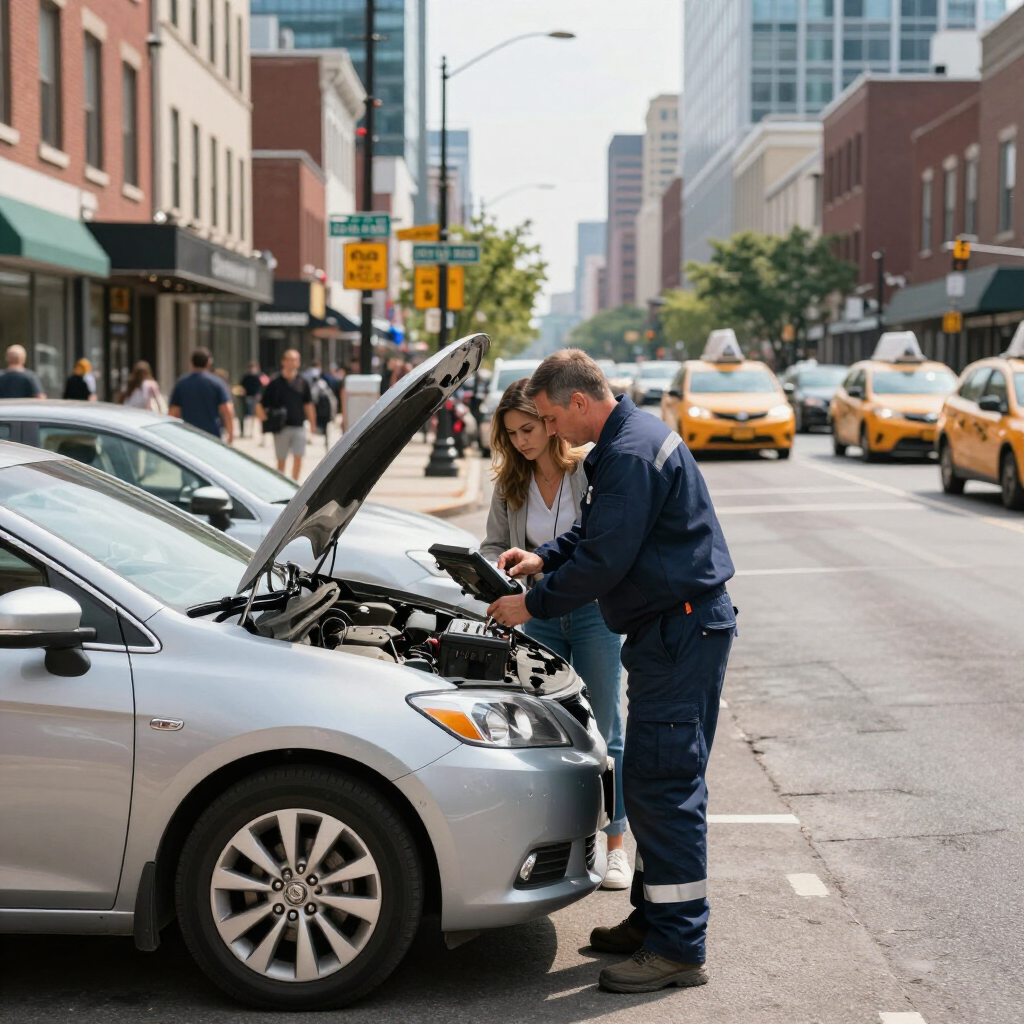 A technician inspects a silver car’s engine with a customer on a busy city street with taxi cabs in the background.