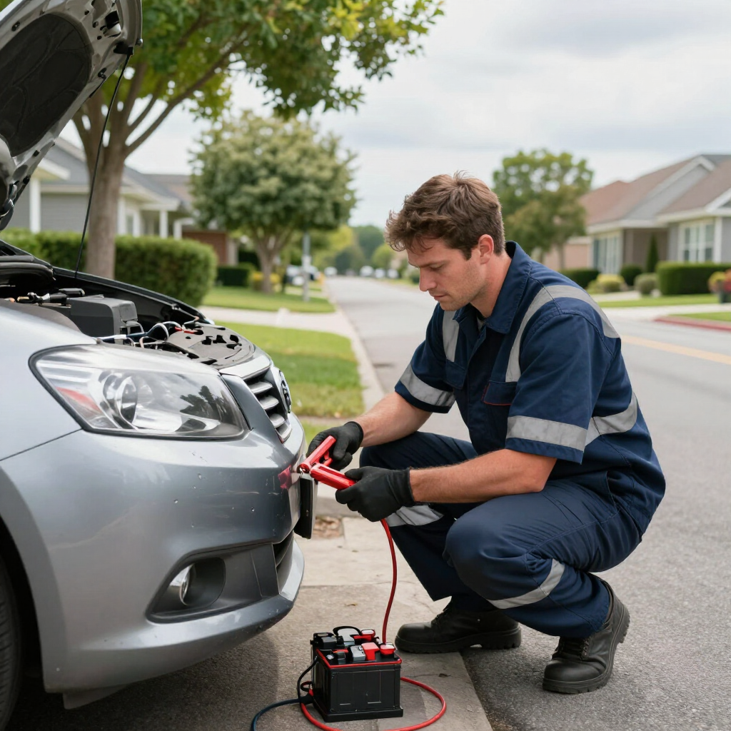 A service technician in a blue uniform crouches by a car on a residential street, jump-starting it with a portable battery.