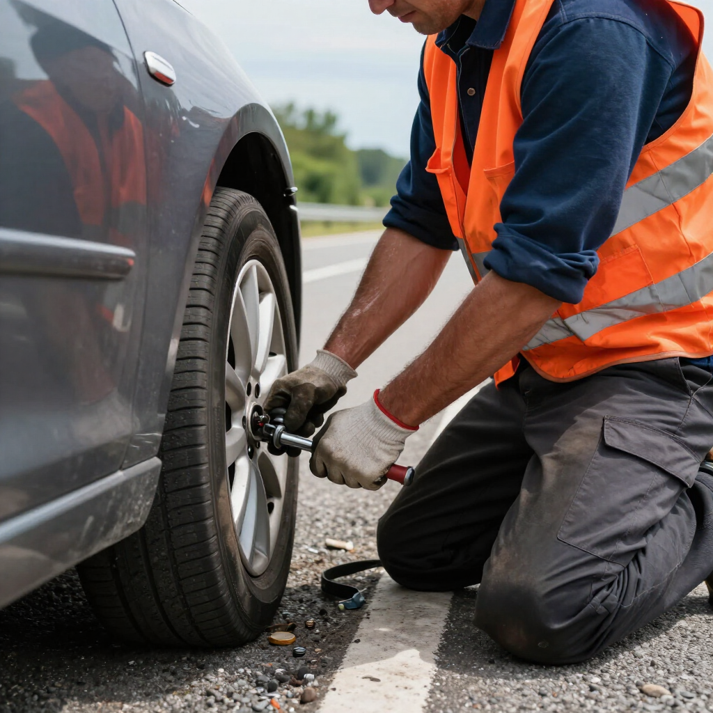 A person in a high-visibility orange vest kneels on a roadside to tighten the lug nuts on a car wheel with a wrench.